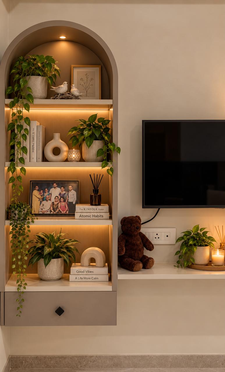Illuminated arched shelving unit with indoor plants and decor
